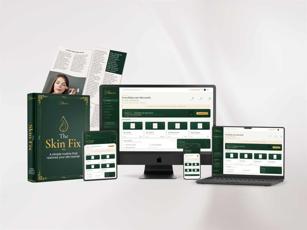 The Skin Fix guide shown on book, iMac, tablet, phone and laptop