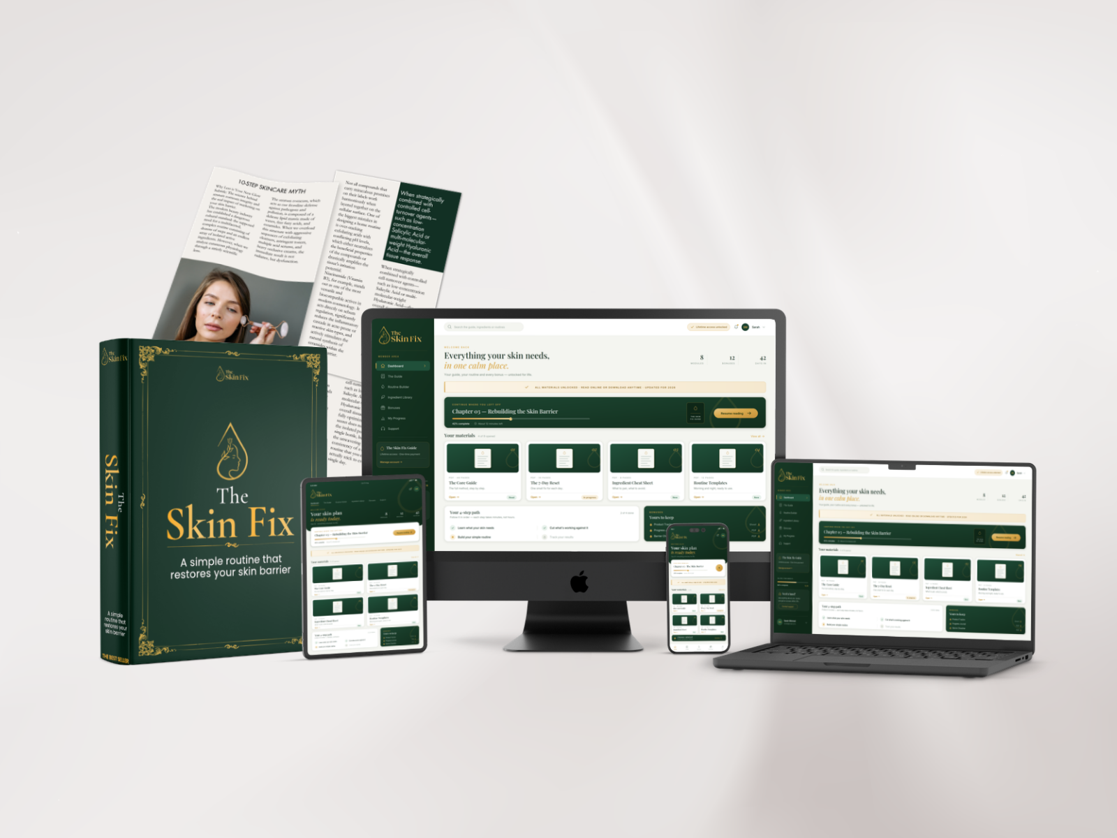 The Skin Fix guide shown on book, iMac, tablet, phone and laptop