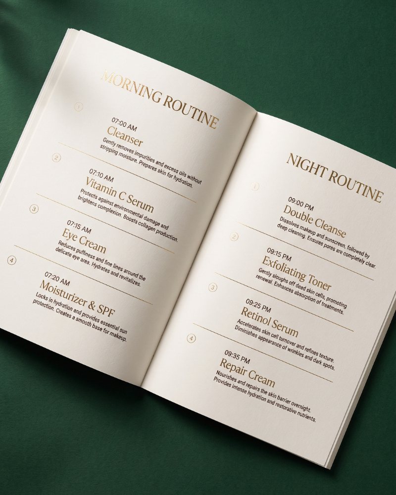 Guide spread: morning routine and night routine, step by step with timings