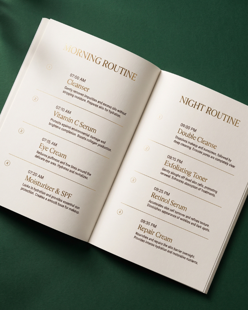 Guide spread: morning routine and night routine, step by step with timings