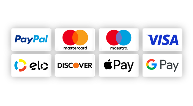 Accepted payment methods: PayPal, Mastercard, Maestro, Visa, Elo, Discover, Apple Pay and Google Pay
